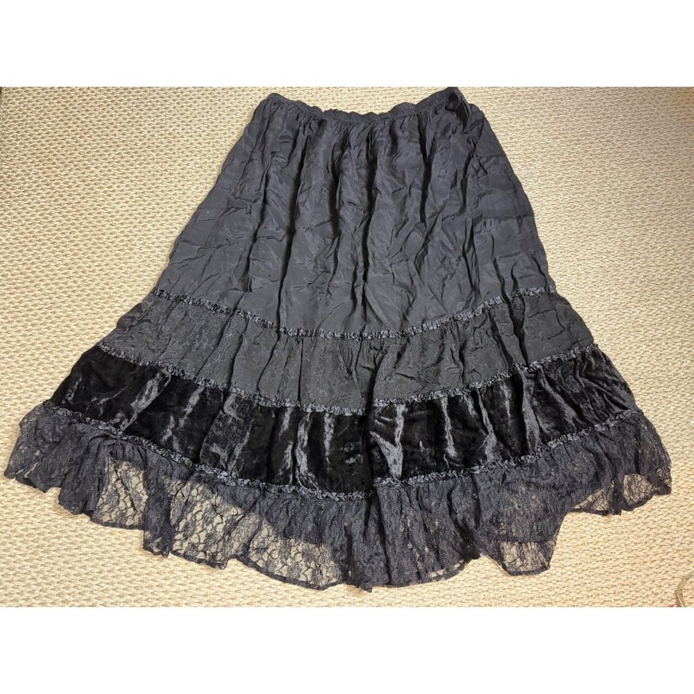 Black Tiered Maxi Skirt Velvet Lace Rayon Boho Goth grunge witchy whimsigoth LG